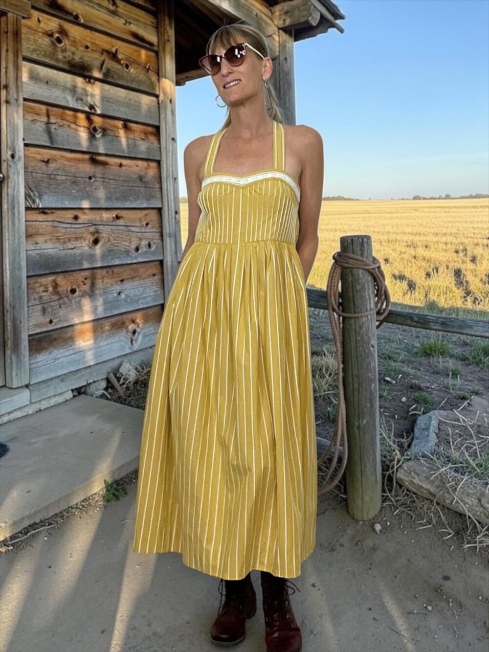 The Great. Laurel Dress 0 Sunburst Stripes Yellow Cotton Midi Cottagecore